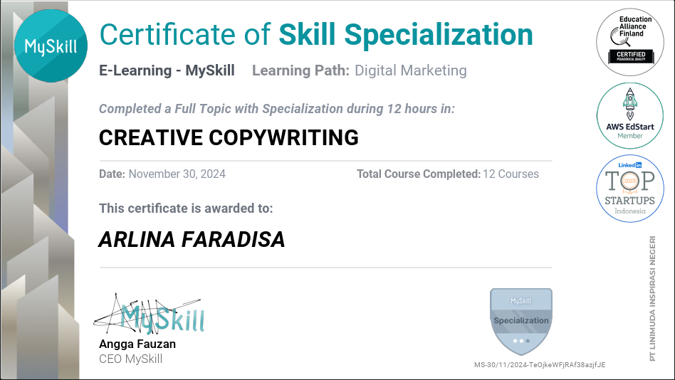 Certificate of Skill Specialization Creative Copywriting MySkill