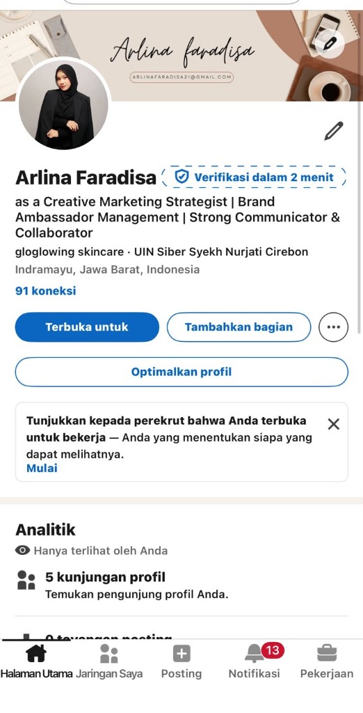 Profil LinkedIn Arlina Faradisa